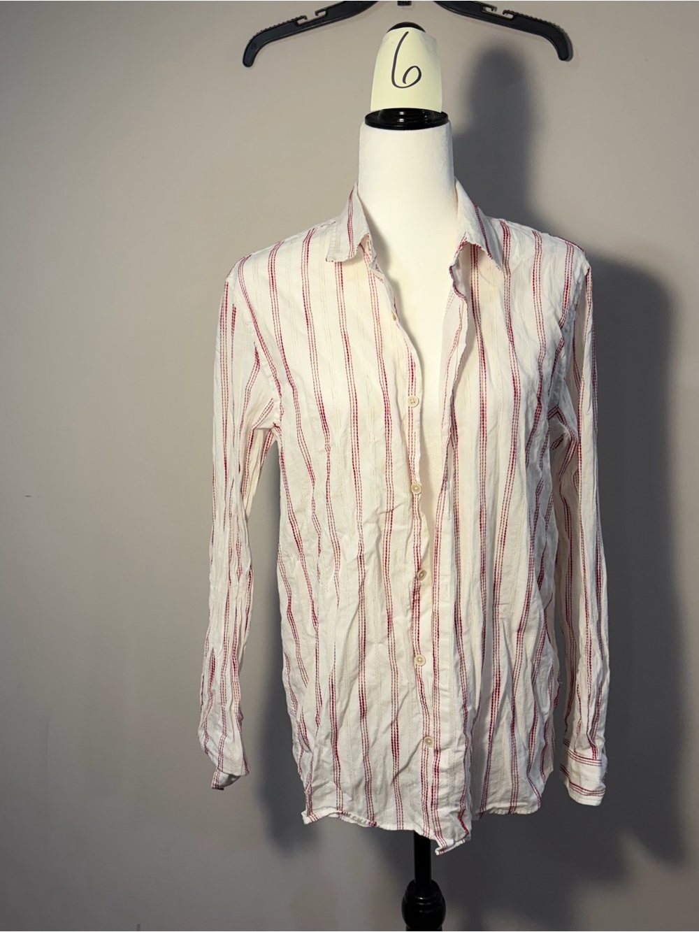 Zara White Button-Up Shirt with Red Stripes